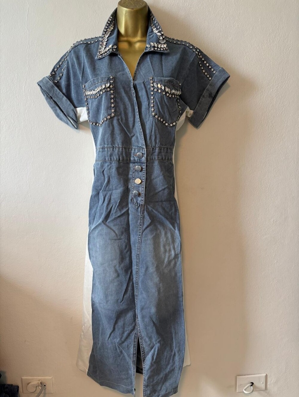 Studded Denim Midi Shirt Dress - Blue